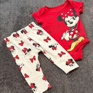 Disney Red Minnie Mouse Bodysuit with Gray Bow & Minnie Print Pants